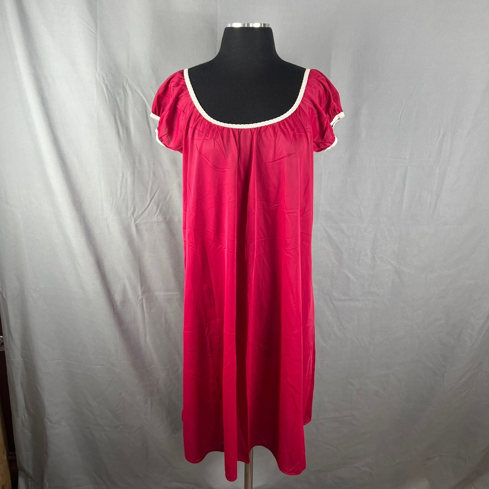 Vintage Deena Nightgown Women L Fuchsia Pink White Trim Piping Pleated Sleepwear